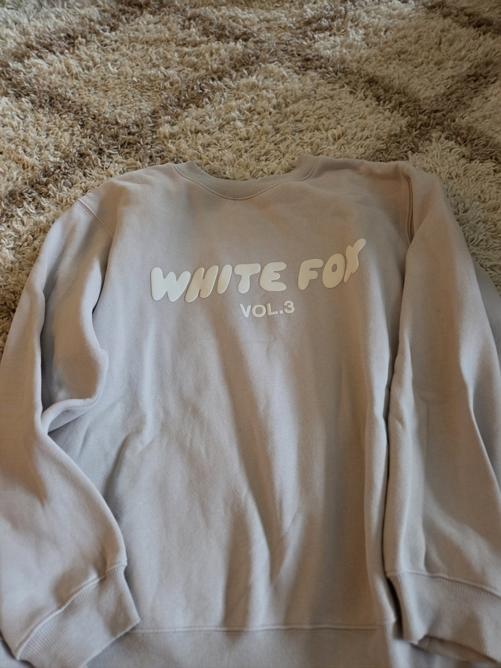 White Fox Boutique Light Beige Crewneck Sweatshirt with VOL.3 Logo